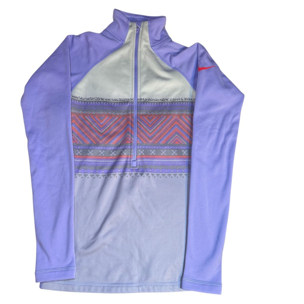 Nike Pro 1/4 Zip Pullover Women XS Purple Geometric Fleece Lined Running Top